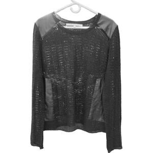Rachel Roy Avant Garde Black Open Knit Sweater With Vegan Leather Detail.  XL